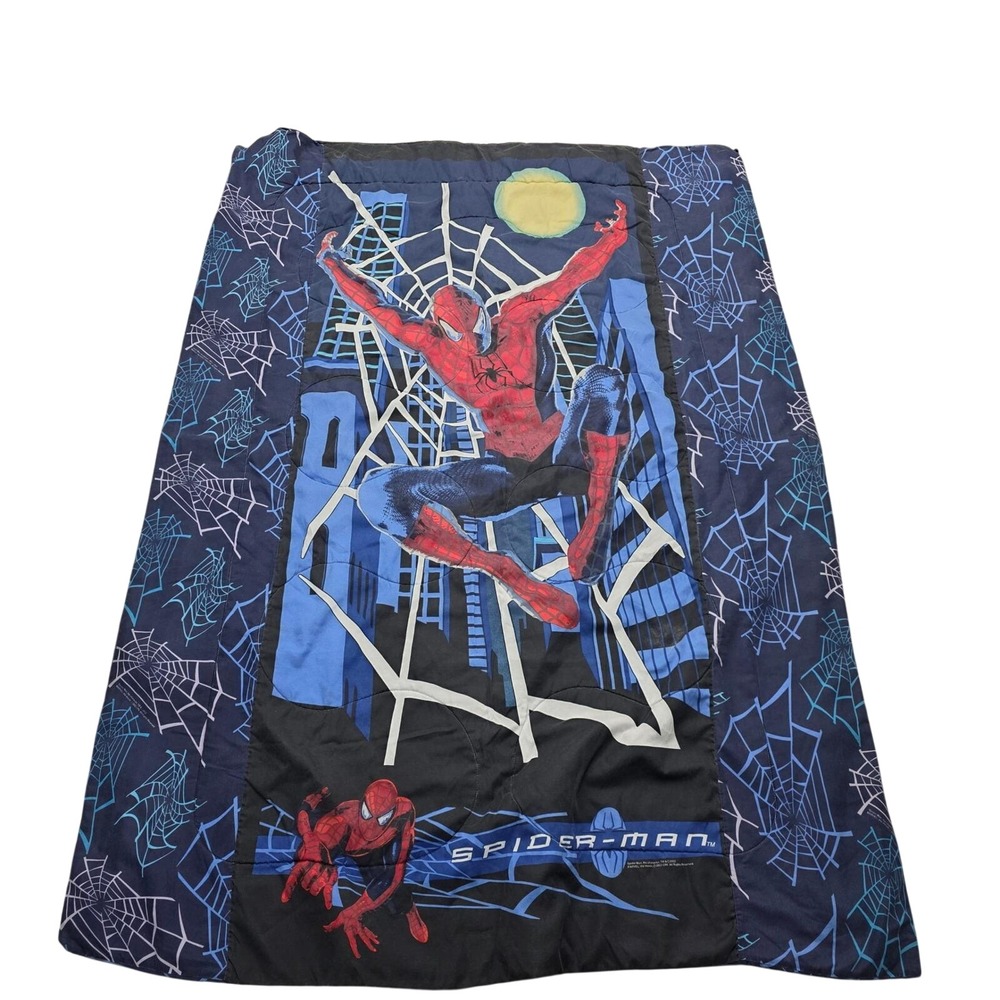Vintage Marvel Spider Man Twin Quilt Blanket 2002 Cobweb‎ Webbed City Night
